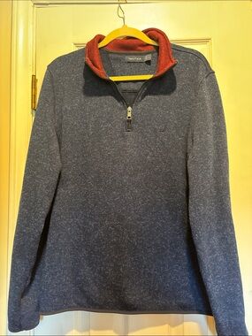 Nautica Men's Marled Navy Quarter-Zip Sweater with Red Contrast Collar Large